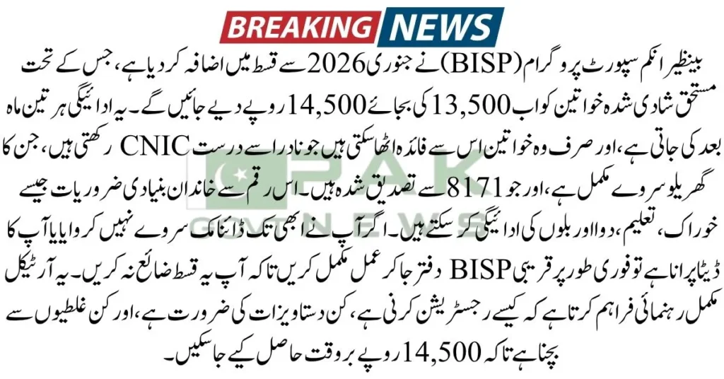 BISP January 2026, BISP installment increase, Rs 14500 BISP payment, BISP 8171 update, BISP dynamic survey, 8171 SMS check, BISP CNIC verification, new BISP registration, BISP for married women, BISP payment guide,