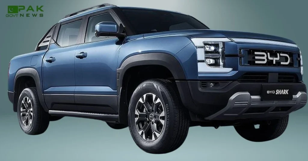 BYD Shark 6 front view, hybrid pickup Pakistan, BYD Shark grill, LED headlamps, electric pickup truck, luxury pickup, hybrid truck, BYD Shark 6 2025, BYD Pakistan vehicle, plug-in hybrid pickup, Front view of BYD Shark 6 Pakistan with LED lights and powerful hybrid truck design