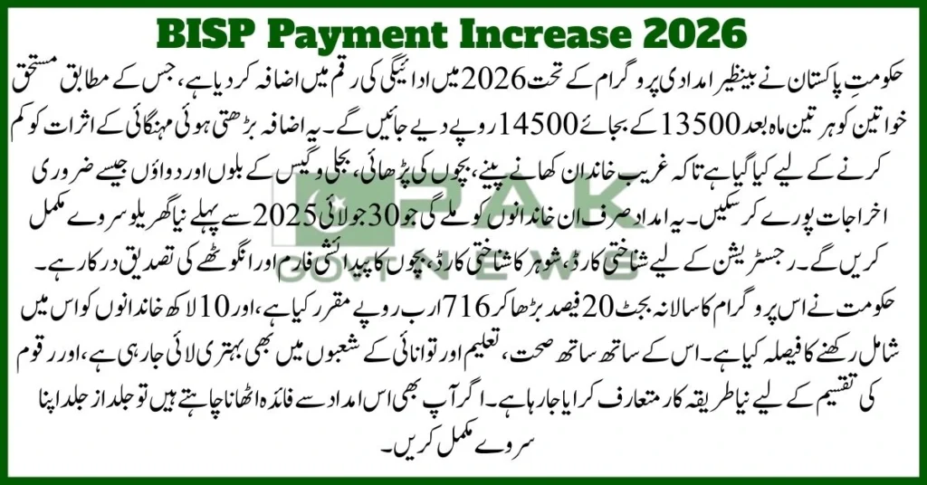 BISP payment increase, BISP survey deadline, 14500 cash support, BISP Rs 716 billion budget, 2026 welfare payment, dynamic survey, women eligibility, CNIC verification, Pakistan social aid, poverty support program, BISP Rs 14500 approved for 2026, Urdu notice on BISP increase, BISP dynamic survey information, Government relief for poor women, CNIC-based BISP registration, BISP Rs 716 billion new budget, 2026 BISP eligibility details, Biometric verification BISP, How to get BISP new amount, Urdu update on Benazir Program, bisp payment increase 2026